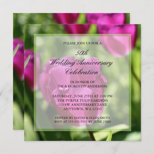 Paarse tulpen uitnodigingen voor 50-jarig huwelijk (Voorkant / Achterkant)