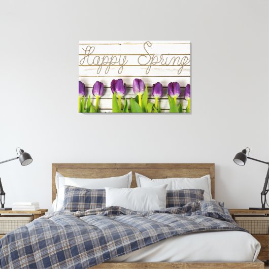 paarse tulpen van lente op witgewassen hout canvas afdruk (Insitu (Slaapkamer))