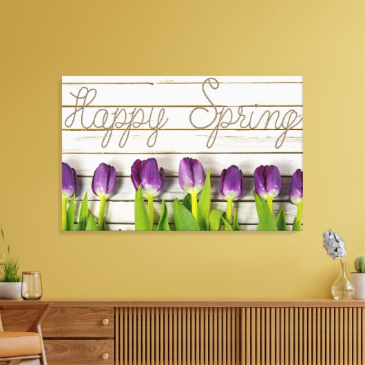 paarse tulpen van lente op witgewassen hout canvas afdruk (Insitu (Woonkamer))