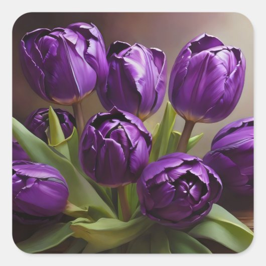 Paarse tulpen vierkante sticker (Voorkant)