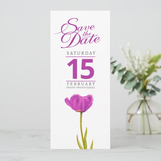 Paarse tulpfoto's bruiloft met datum save the date (Staand voorkant)
