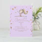 Paarse turnen tuimelen & draai verjaardagsfeestje kaart (Staand voorkant)