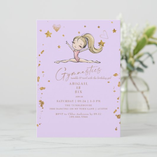 Paarse Turnen Tumble & Twirl Verjaardagsfeestje Kaart (Staand voorkant)