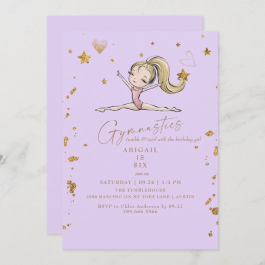 Paarse Turnen Tumble & Twirl Verjaardagsfeestje Kaart (Voorkant / Achterkant)