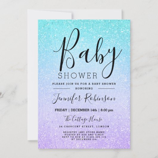 Paarse & Turquoise Baby shower Glitter Look Paint Kaart (Voorkant)