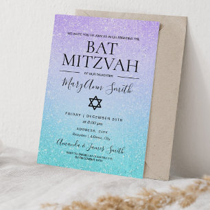 Paarse & Turquoise Bat Mitzvah Faux Glitter Paint Kaart