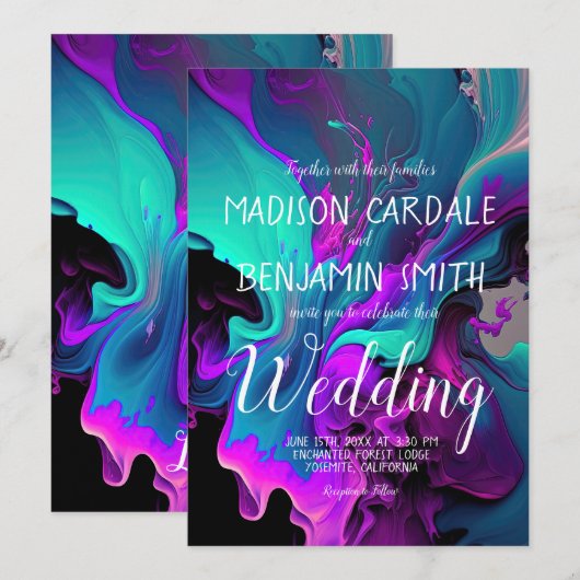 Paarse Turquoise Beauful Abstract fluid Wedding Kaart (Voorkant / Achterkant)