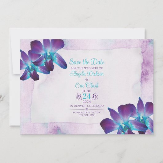 Paarse Turquoise Blauwe Dendrobium Orchidee Bruilo Save The Date (Voorkant)