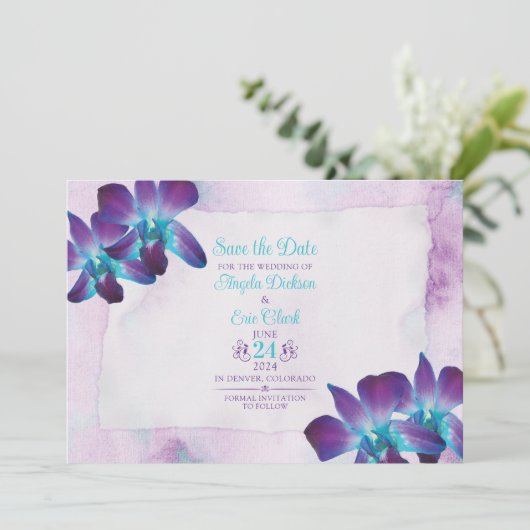 Paarse Turquoise Blauwe Dendrobium Orchidee Bruilo Save The Date (Staand voorkant)