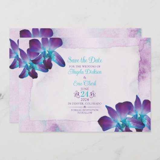 Paarse Turquoise Blauwe Dendrobium Orchidee Bruilo Save The Date (Voorkant / Achterkant)