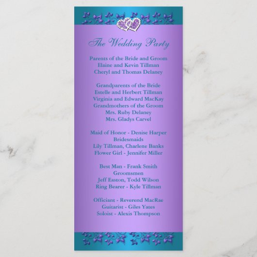 Paarse, turquoise bloemenharten bruiloft programma programmakaart (Achterkant)