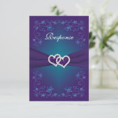 Paarse, turquoise bloemhartjes bruiloft RSVP Kaart (Staand voorkant)