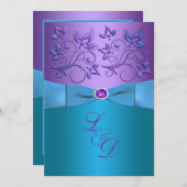 Paarse, turquoise bloemige monogram bruiloft uitno kaart (Voorkant / Achterkant)