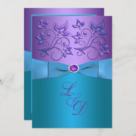 Paarse, turquoise bloemige monogram bruiloft uitno kaart (Voorkant / Achterkant)