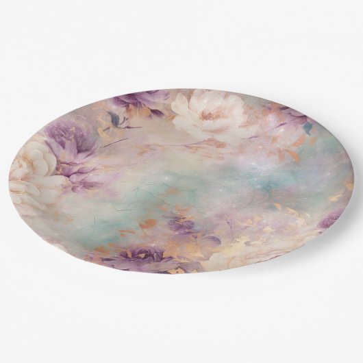 Paarse turquoise bloesem papieren bordje (Gekanteld)