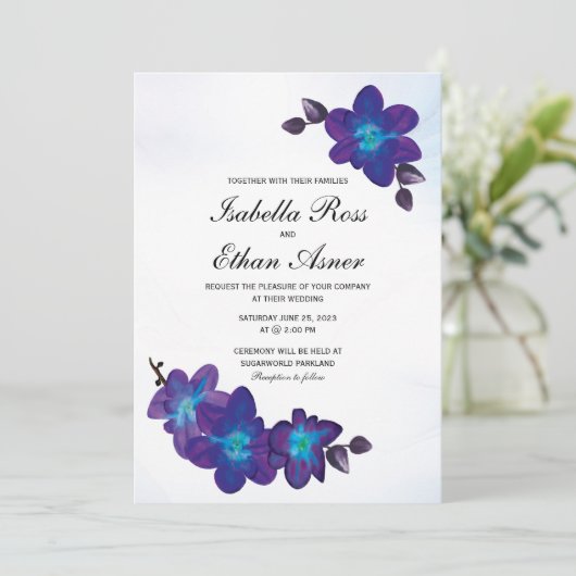 Paarse Turquoise Blue Orchid Wedding Kaart (Staand voorkant)