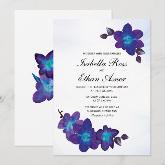 Paarse Turquoise Blue Orchid Wedding Kaart (Voorkant / Achterkant)