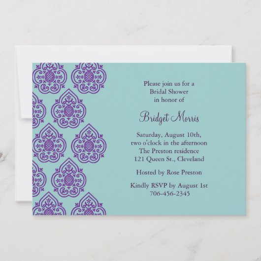 Paarse/Turquoise Damask Bruidsdouche Uitnodiging (Voorkant)