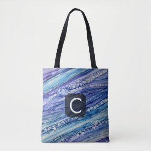 Paarse, turquoise en blauwe abstracte vloeibare ku tote bag