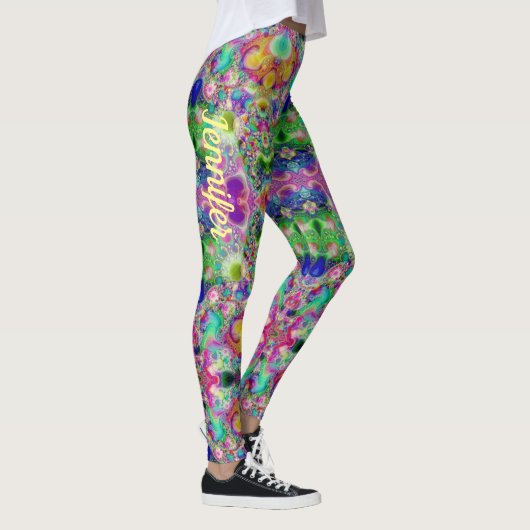 Paarse Turquoise Fractal Pattern Custom Name Leggings (Rechts)