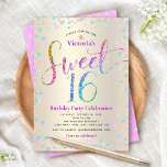 Paarse Turquoise Glitter Sweet 16 Birthday Gold Kaart<br><div class="desc">"Happy Sweet 16". Deze uitnodiging is een geweldige manier om je dochter haar mijlpaal verjaardag te laten vieren met al haar vrienden. Stuur deze prachtige, sprankelende, girly, feestelijke, moderne, gepersonaliseerde feestuitnodiging uit voor een evenement om te onthouden. Rainbow glitter script typografie, samen met feestelijke turquoise, paarse roze en gouden confetti,...</div>