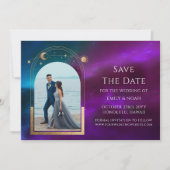 Paarse Turquoise Gouden Hemelse Trouwfoto Save The Date (Voorkant)