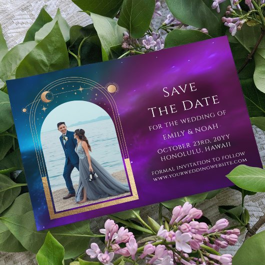 Paarse Turquoise Gouden Hemelse Trouwfoto Save The Date