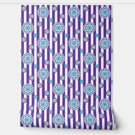 Paarse, turquoise mod bloemen op strepen behang