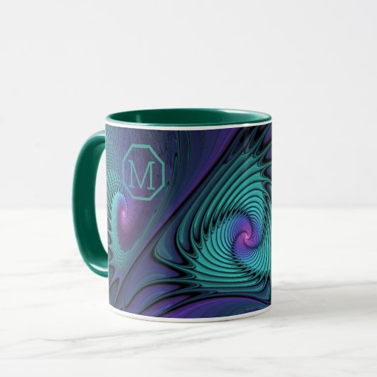 Paarse Turquoise modern abstract Fractal Monogram Mok (Voorkant links)