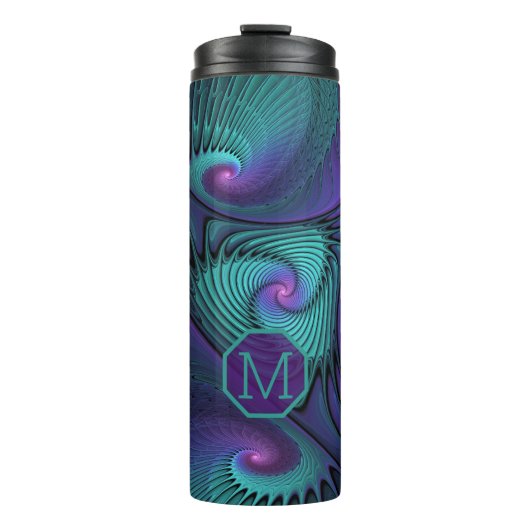 Paarse Turquoise modern abstract Fractal Monogram Thermosbeker (Voorkant)