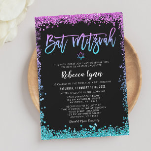 Paarse Turquoise Nep Glitter Bat Mitzvah Kaart