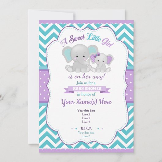 Paarse Turquoise Olifant Baby shower Invitation Kaart (Voorkant)