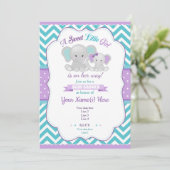 Paarse Turquoise Olifant Baby shower Invitation Kaart (Staand voorkant)