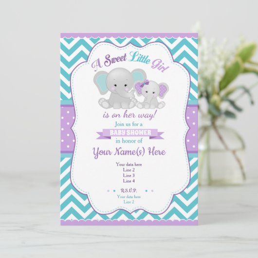 Paarse Turquoise Olifant Baby shower Invitation Kaart (Staand voorkant)