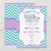 Paarse Turquoise Olifant Baby shower Invitation Kaart (Voorkant / Achterkant)