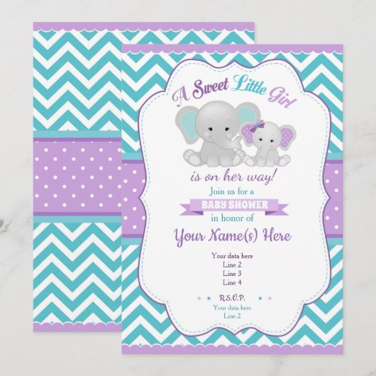 Paarse Turquoise Olifant Baby shower Invitation Kaart (Voorkant / Achterkant)