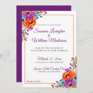 Paarse Turquoise Oranje Floral Waterverf Wedding Kaart