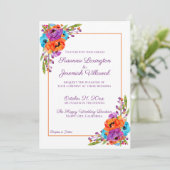 Paarse Turquoise Oranje Floral Waterverf Wedding Kaart (Staand voorkant)