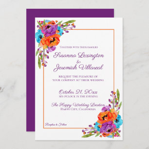 Paarse Turquoise Oranje Floral Waterverf Wedding Kaart