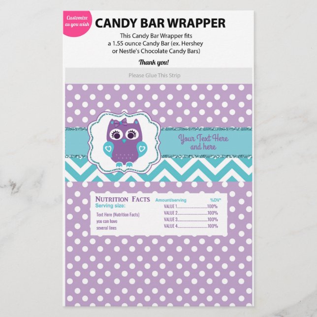 Paarse Turquoise Owl Chocolate Wrapper Bar Shower (Voorkant)