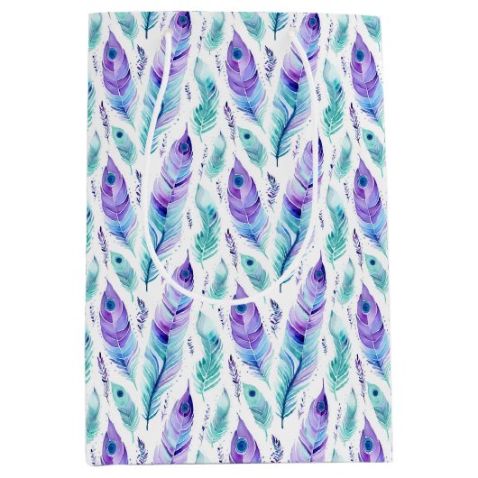 Paarse turquoise pauwenveren medium cadeauzakje (Voorkant)