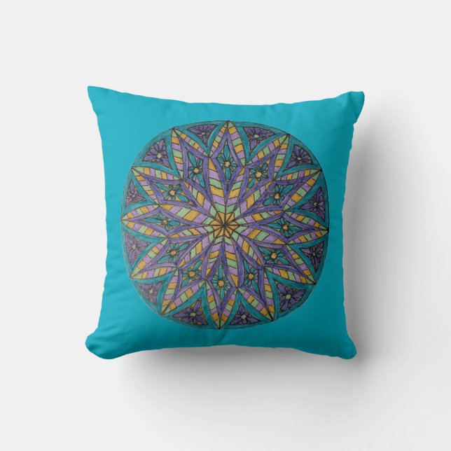 Paarse/Turquoise Sterexplosie Mandala Kussen (Voorkant)