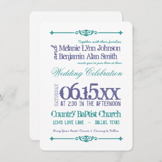 Paarse Turquoise Typography Wedding Invitations Kaart (Voorkant / Achterkant)
