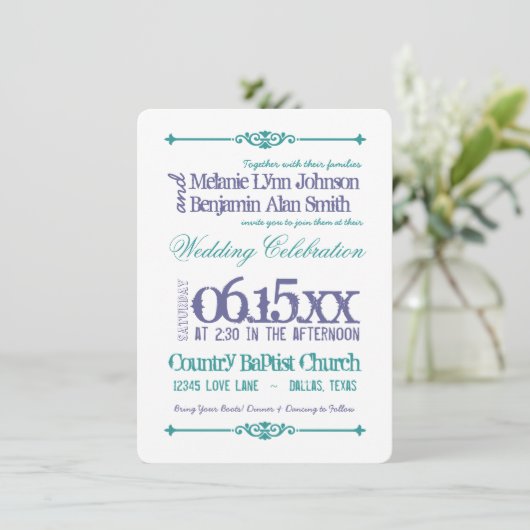 Paarse Turquoise Typography Wedding Invitations Kaart (Staand voorkant)