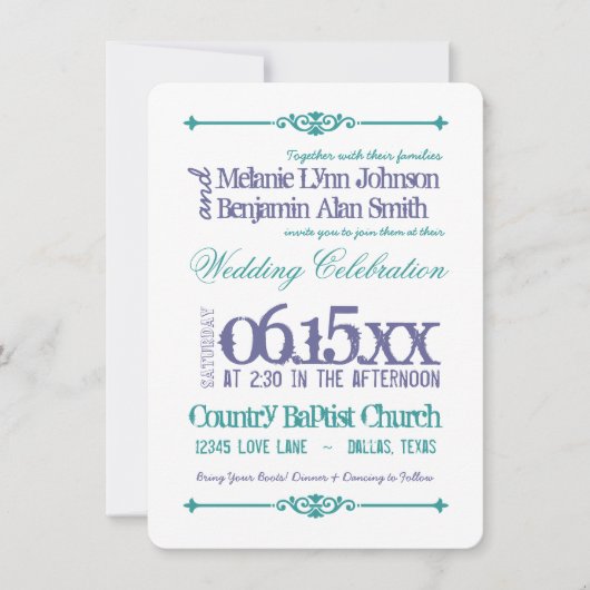 Paarse Turquoise Typography Wedding Invitations Kaart (Voorkant)