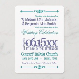 Paarse Turquoise Typography Wedding Invitations Kaart
