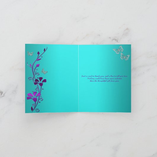 Paarse, Turquoise Vlinder Bloemige Bedankbriefkaar Bedankkaart (Binnen)