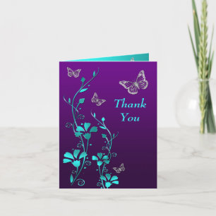 Paarse, Turquoise Vlinder Bloemige Bedankkaart
