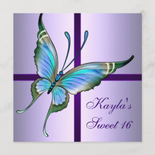 Paarse Turquoise Vlinder Sweet 16 Verjaardagsfeest Kaart