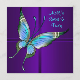 Paarse Turquoise Vlinder Sweet 16 Verjaardagsfeest Kaart